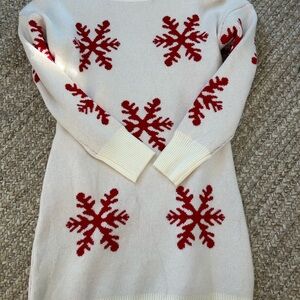 FestiveWhite mini Sweater  dress with Red Snowflake Design